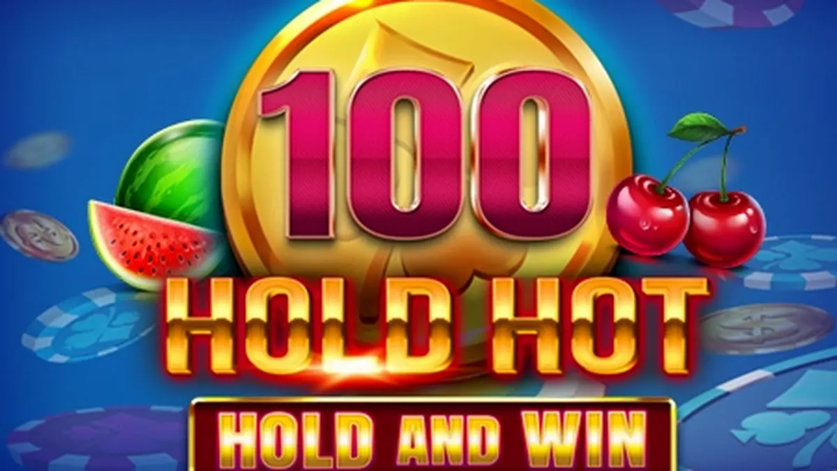 Captura de tela do jogo de slot 100 Hold Hot Hold and Win com símbolos de frutas e moedas douradas em chamas.