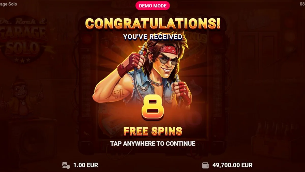 Dr. Rock & Garage Solo slot machine interface com tema de rock e garagem